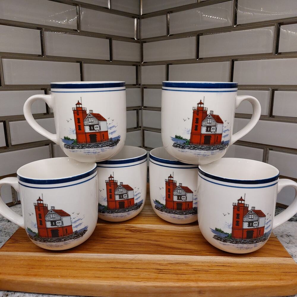 Big Red Lighthouse Coffee Mug Libbey Tableware Lake Michigan Landmark Set of 6